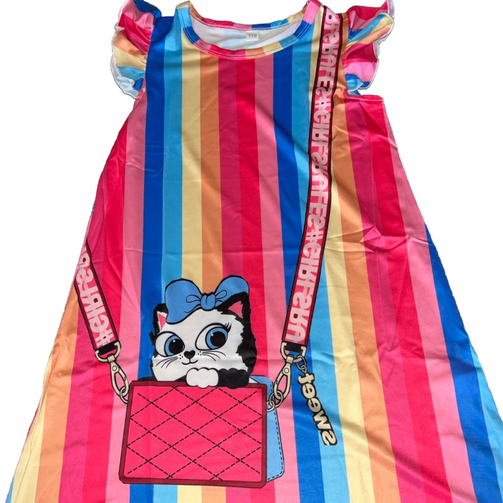 NEW Girls Color Block Striped Ruffle Sleeve Dress S/5-6